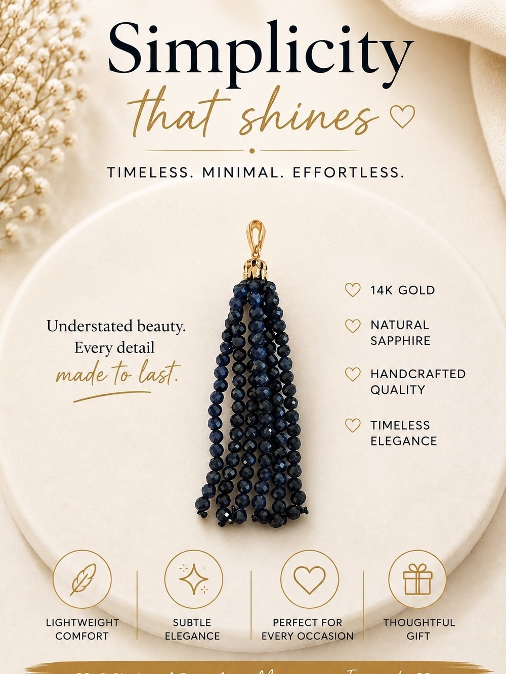 14k Gold and Blue Sapphire Beaded Tassel Pendant